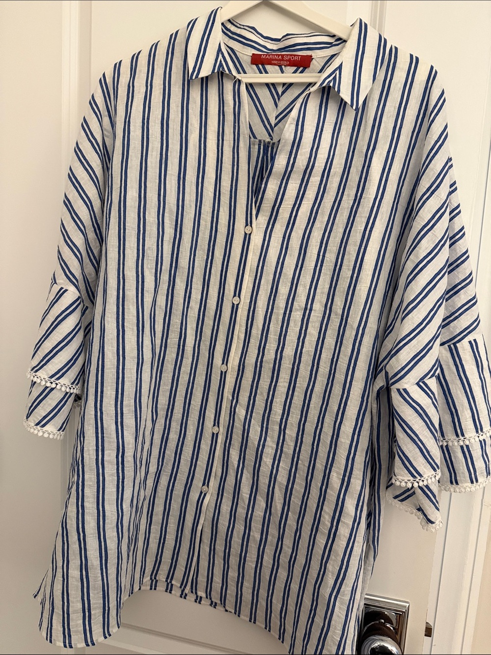 Marina Rinaldi Navy and White Striped Tunic with Lace Trim